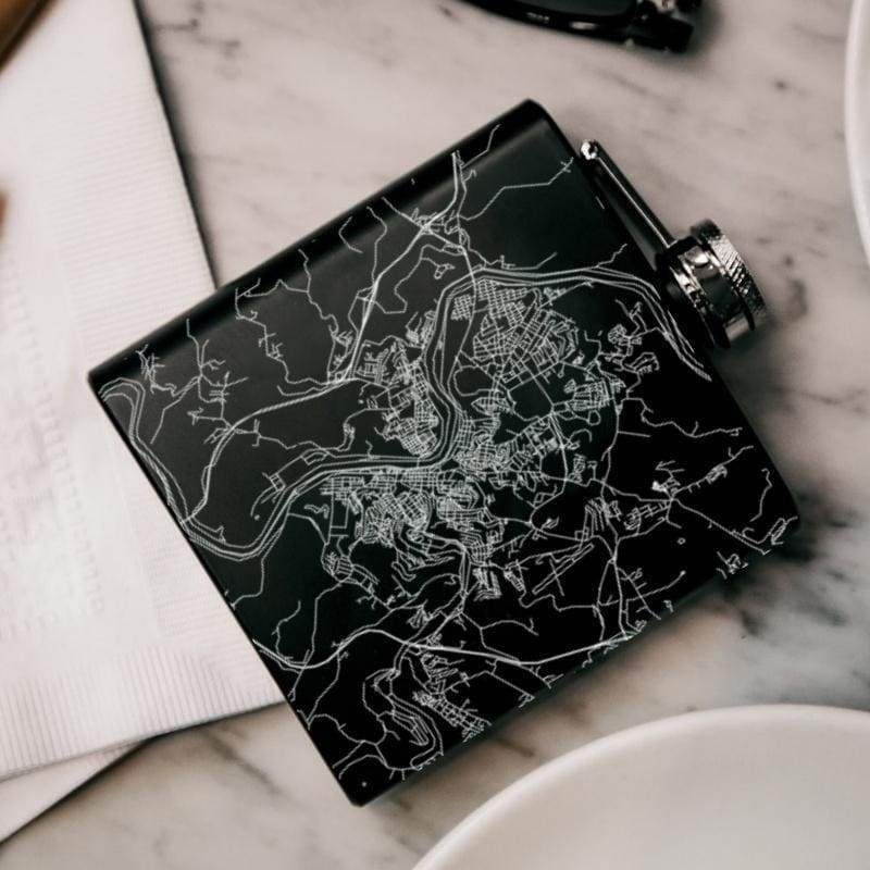 Morgantown - West Virginia Map Hip Flask in Matte Black