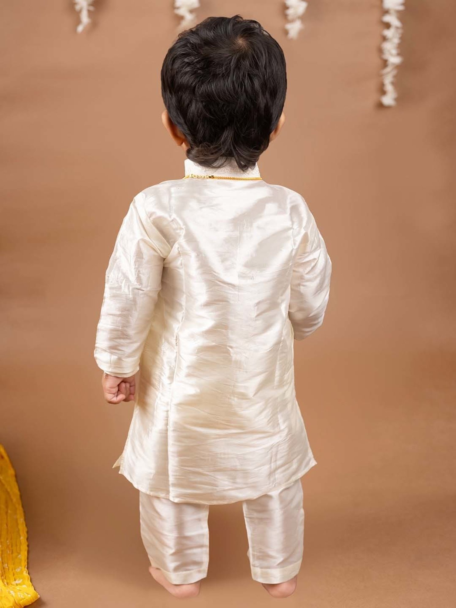 Baby Moo Kids Cream & Green Regular Fit Full Sleeves Kurta Set