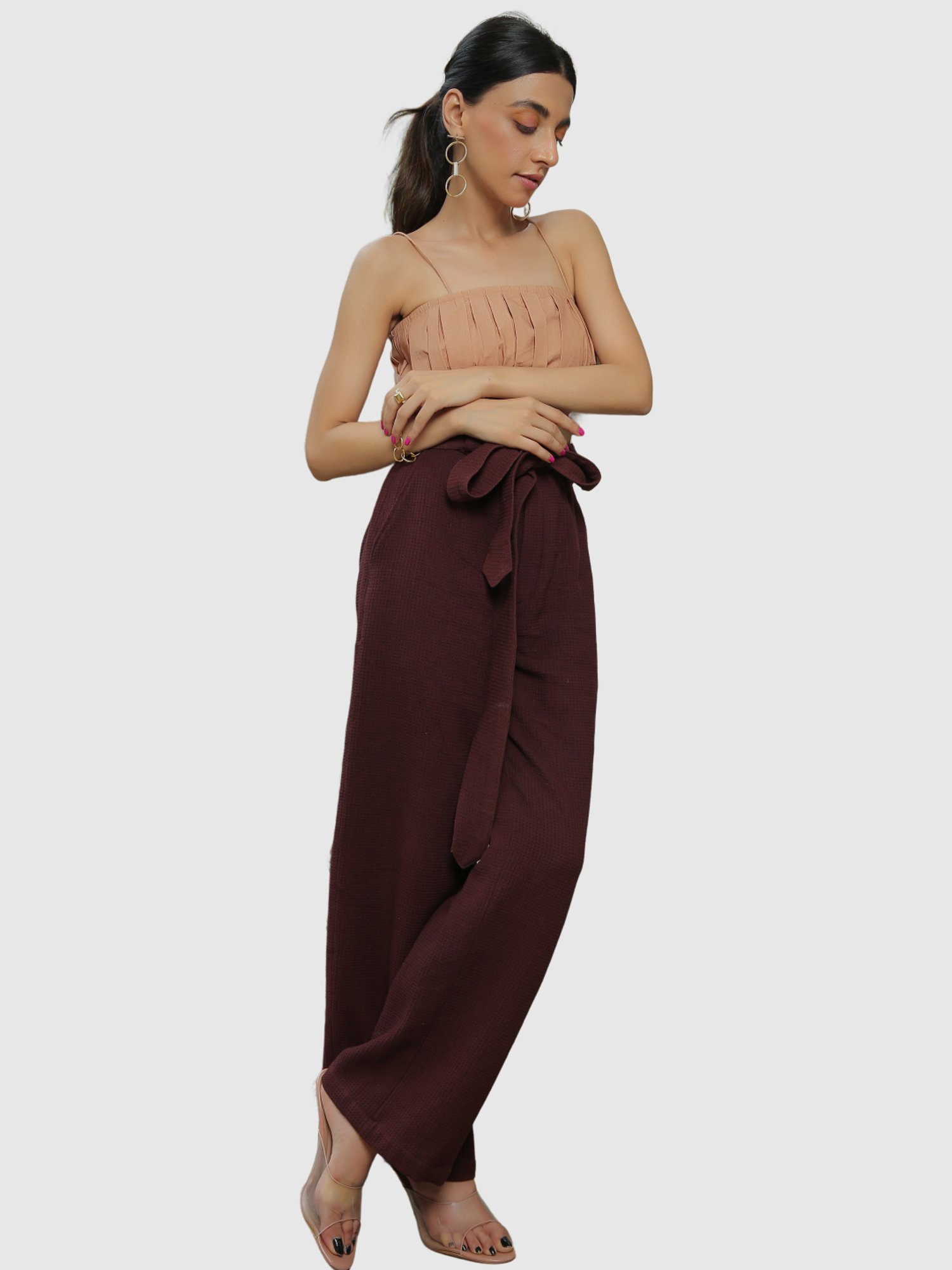 KAORI BY SHREYA AGARWAL Beige & Maroon Cotton Crop Top Pants Set