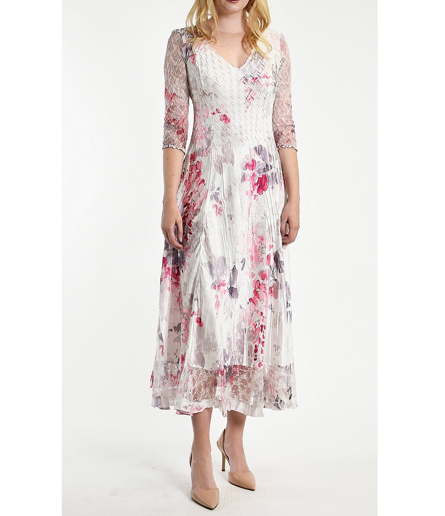 Komarov 3/4 Lace Sleeve Pleated Charmeuse Floral Print A-Line Midi Dress