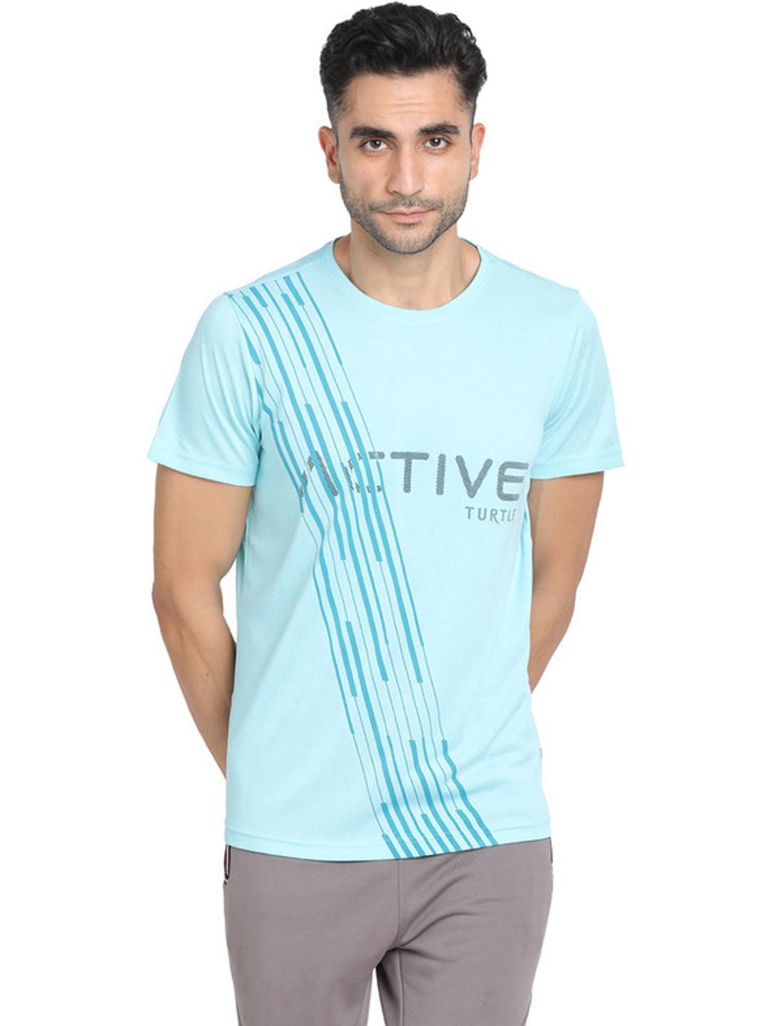 Turtle Blue Slim Fit Printed Sports T-Shirt