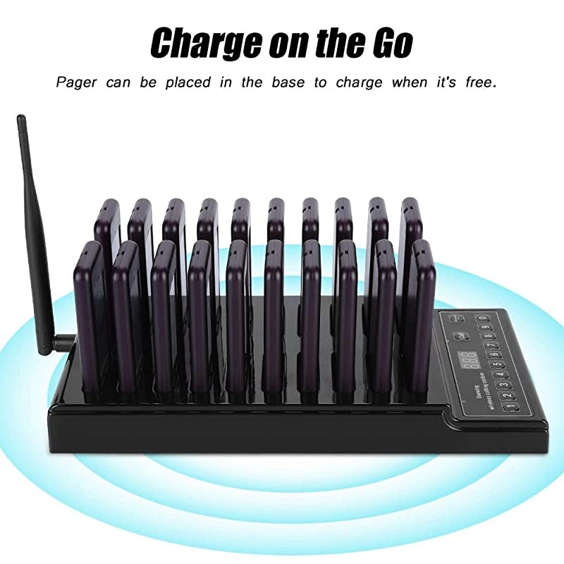 43392MHz Wireless Calling System 999channel High Sensitivity Guest Paging System with 20 Rechargeable Pagers Receivers and 1 Transmitter Suitable for RestaurantUS Plug