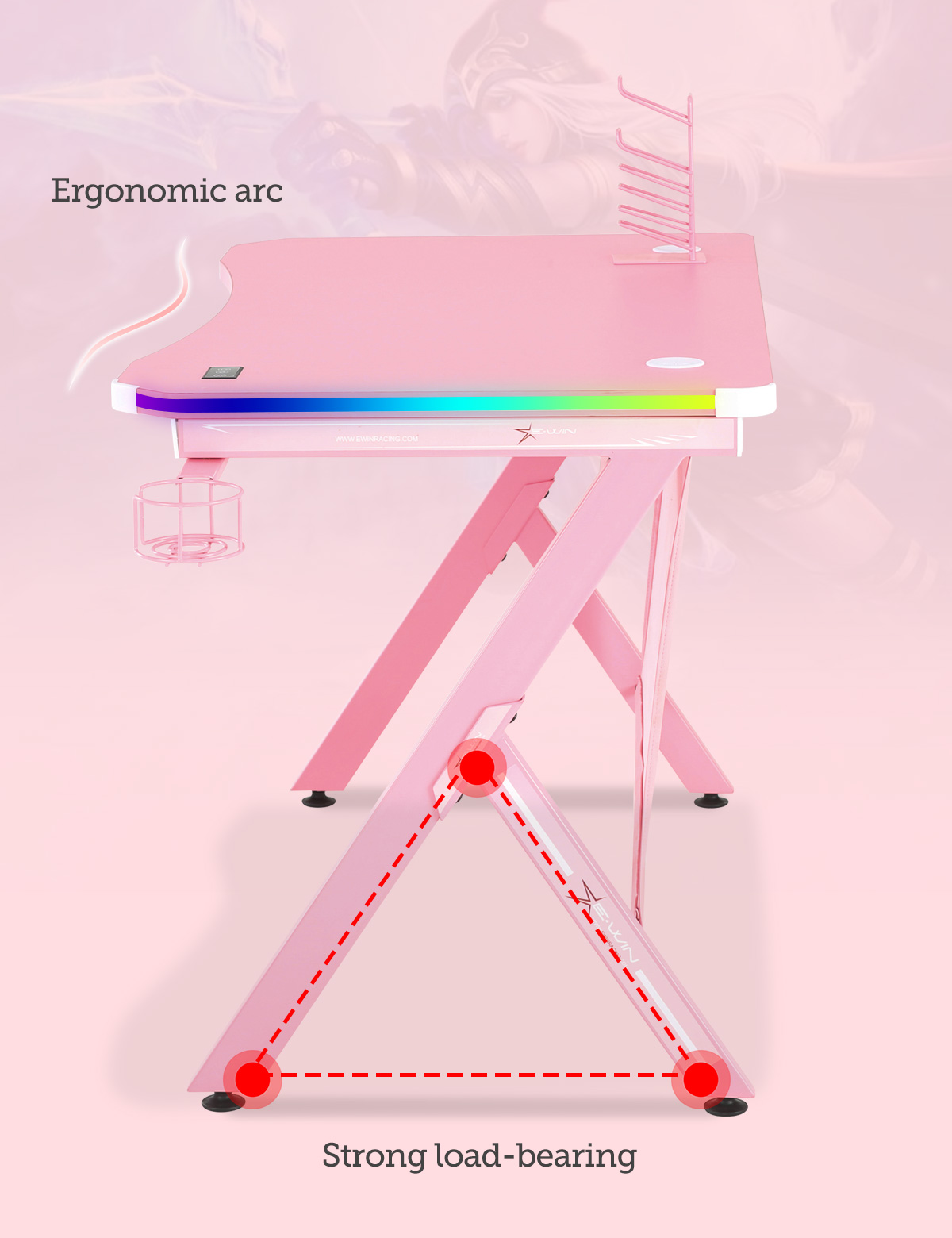 E-WIN&reg; 2.0 Edition RGB Gaming Desk with RGB Lights, Smart Wireless Charger, USB Port, Controller Stand And Cup Holder