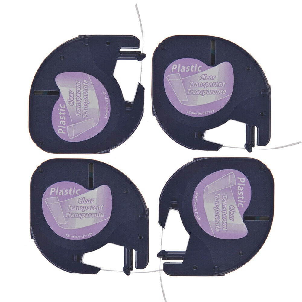 4PK 12MM 1/2" For DYMO LetraTag LT100H 16952 Plastic Label Tape Black on Clear