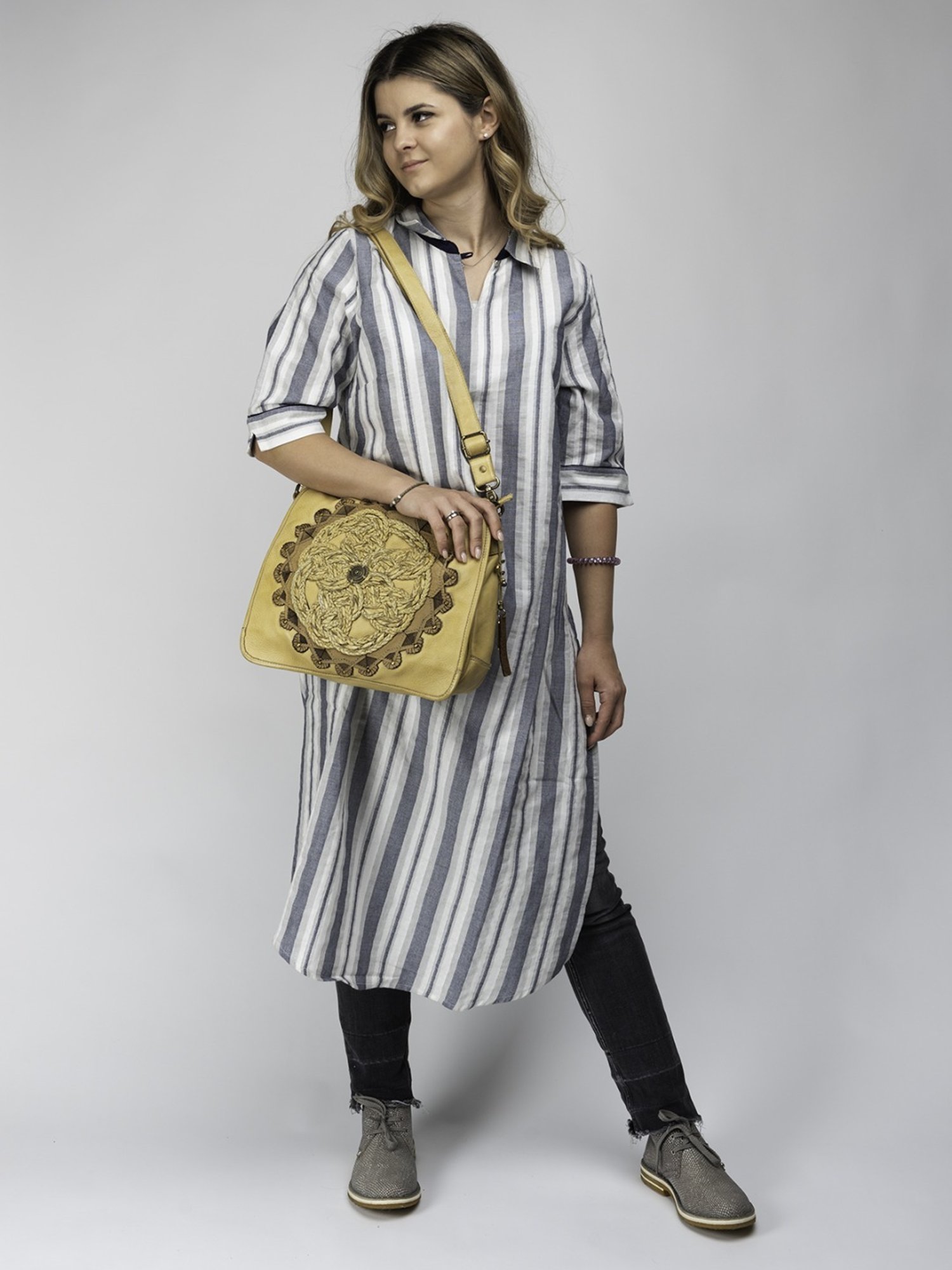 Art N Vintage Parma Mustard Yellow Leather Textured Medium Sling Handbag