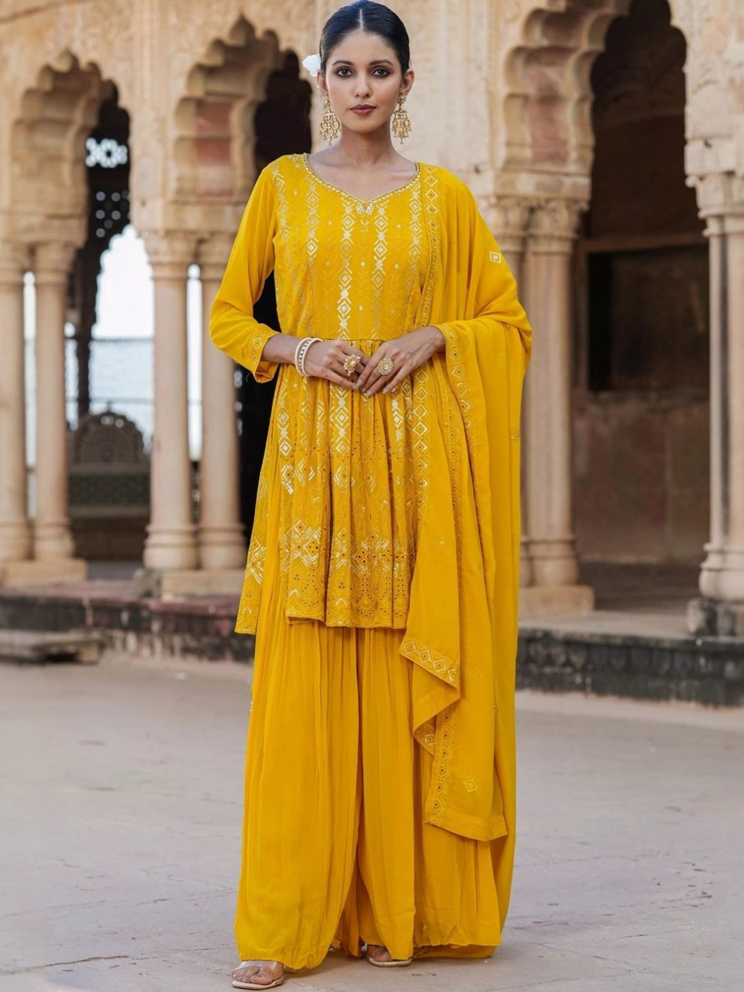 Scakhi Mustard Georgette Sequin Embroidered Suit Set Tunic With Palazzo And Dupatta