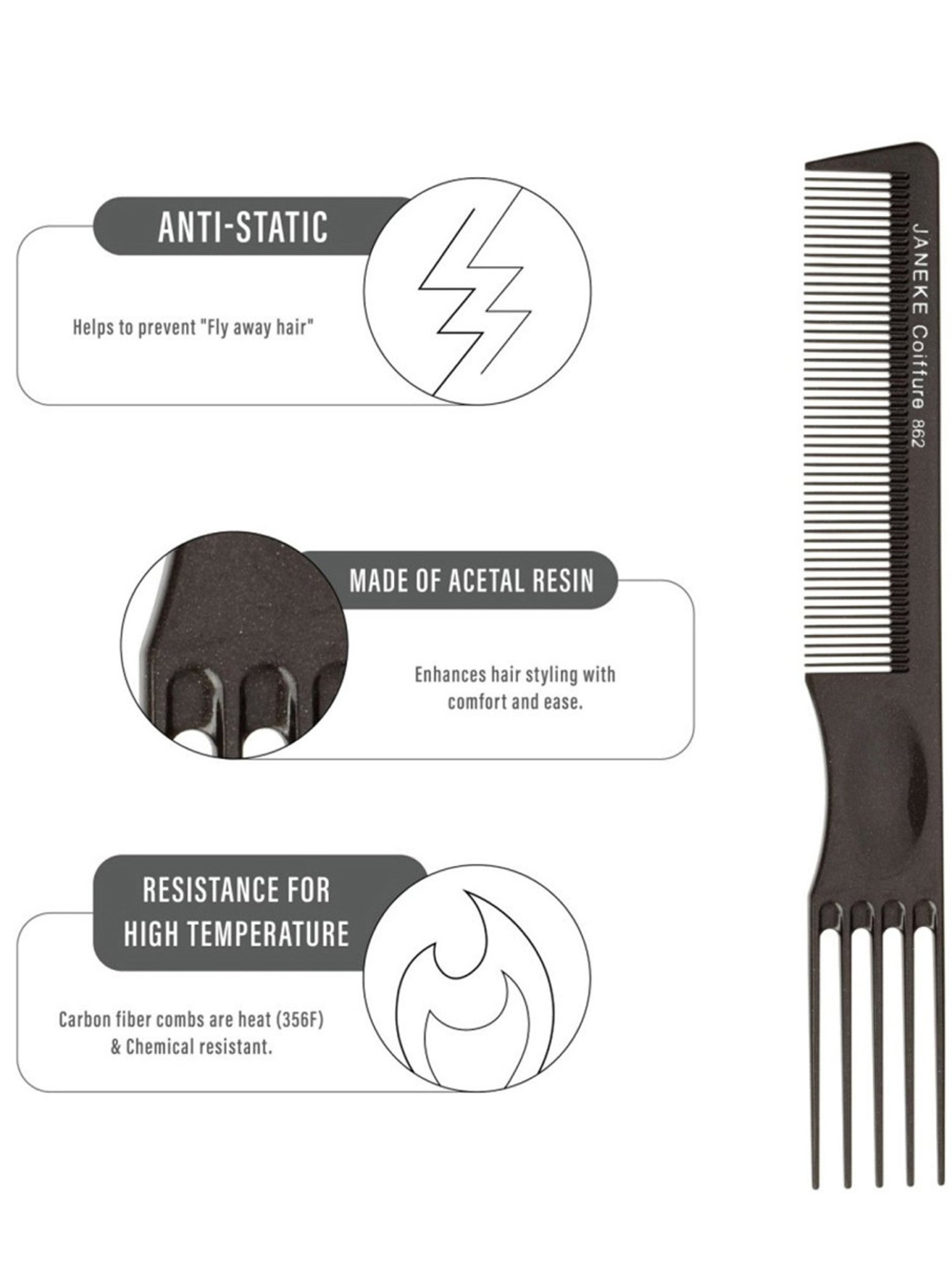 Janeke 1830 Professional Titanium Tous Types De Cheveux Volume Hair Comb - 20 cm