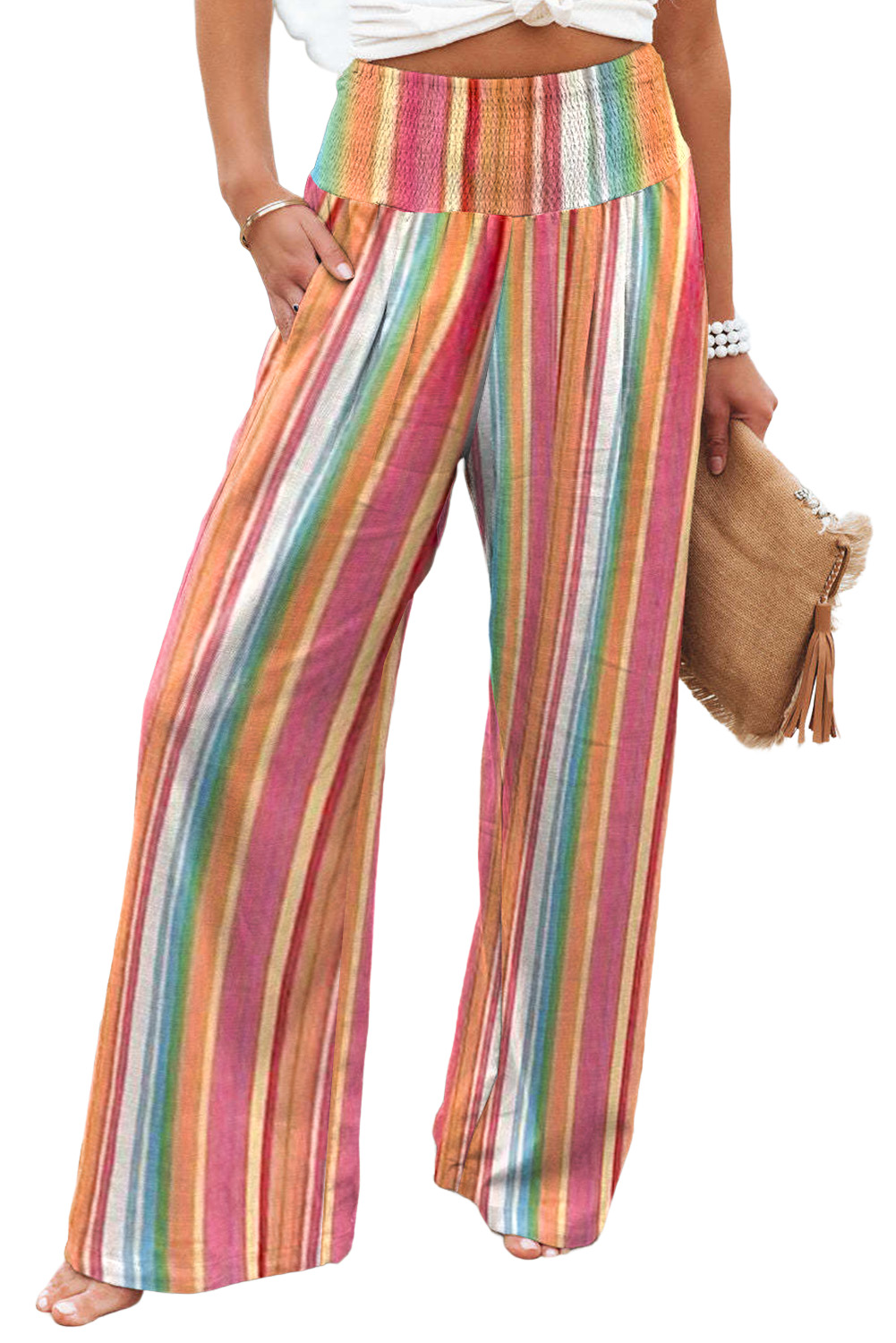 Karen Kane Cropped Wide Leg Linen Blend Striped Pants