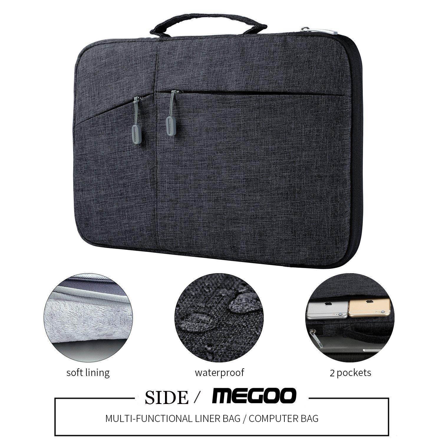 Megoo 13Inch Sleeve Case with Accessory Pouch for Microsoft Surface Laptop/Book 2 13.5"/iPad pro 12.9"/13" Macbook Air/Pro Chromebook Tablet Slim Water Resistant Carrying Case(Black With Charger Case)