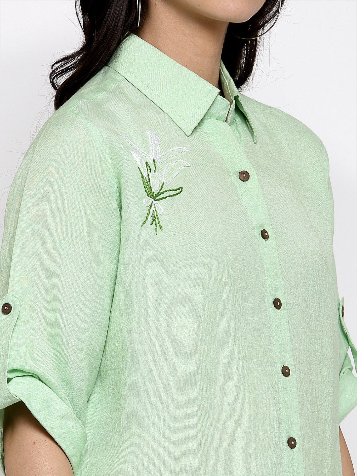 DART STUDIO Green Linen Embroidered Shirt
