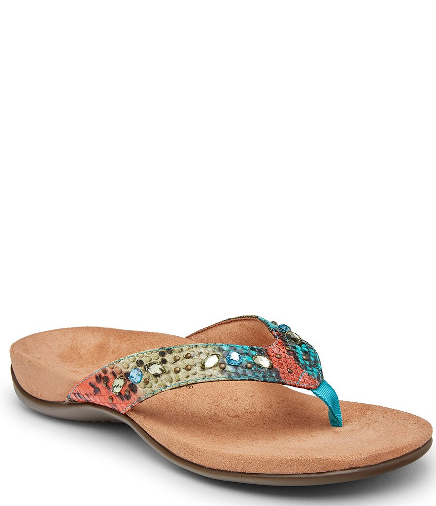 Vionic Lucia Snake Print Rhinestone Embellished Thong Sandals