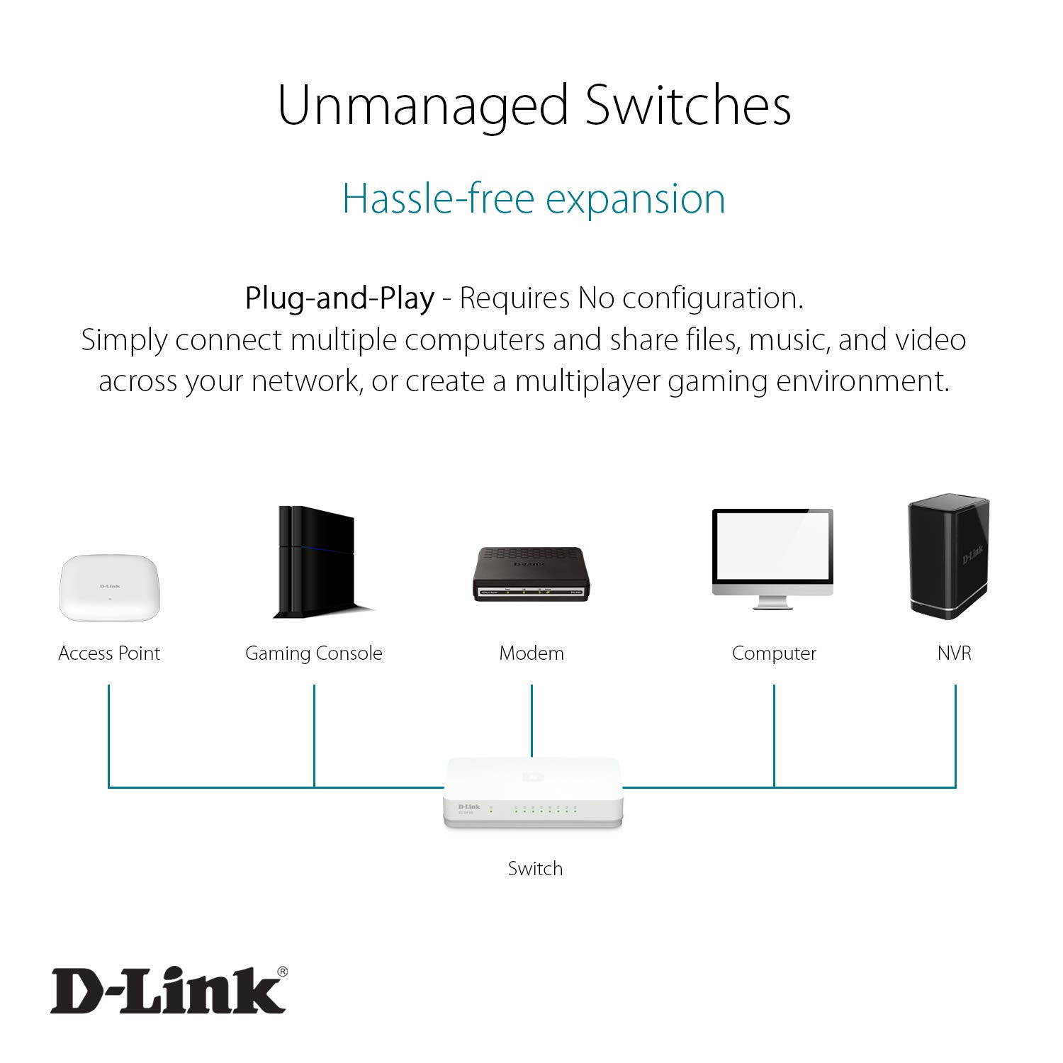 D-Link Ethernet Switch, 8 Port Unmanaged Gigabit Desktop Plug and Play Compact Design White (GO-SW-8G), Black
