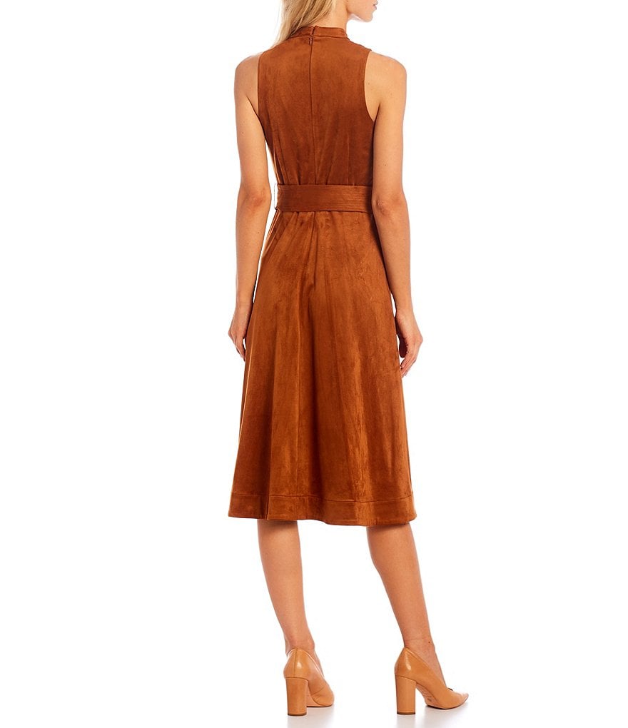 Antonio Melani Kinnon Mock Neck Sleeveless Self Belt Suede Midi Dress
