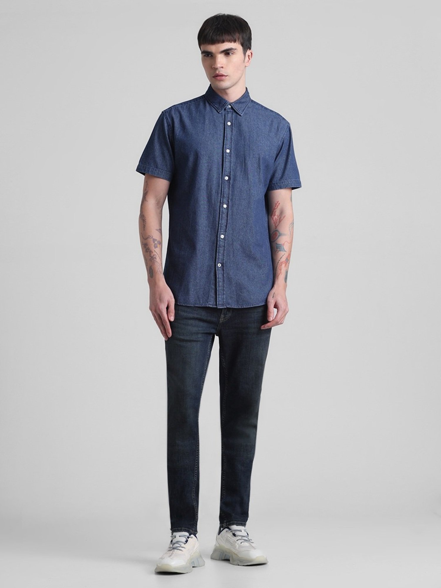 Jack & Jones Dark Blue Denim Cotton Regular Fit Denim Shirt