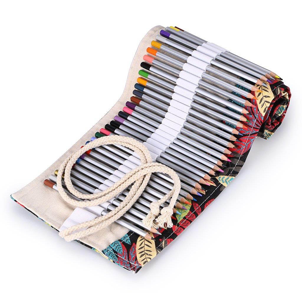 BTSKY Canvas Colored Pencil Wrap 72 Slot-Adult Coloring Pencil Holder Orgnizer for 72 Colored Pencils, NO Pencils (Leaf)