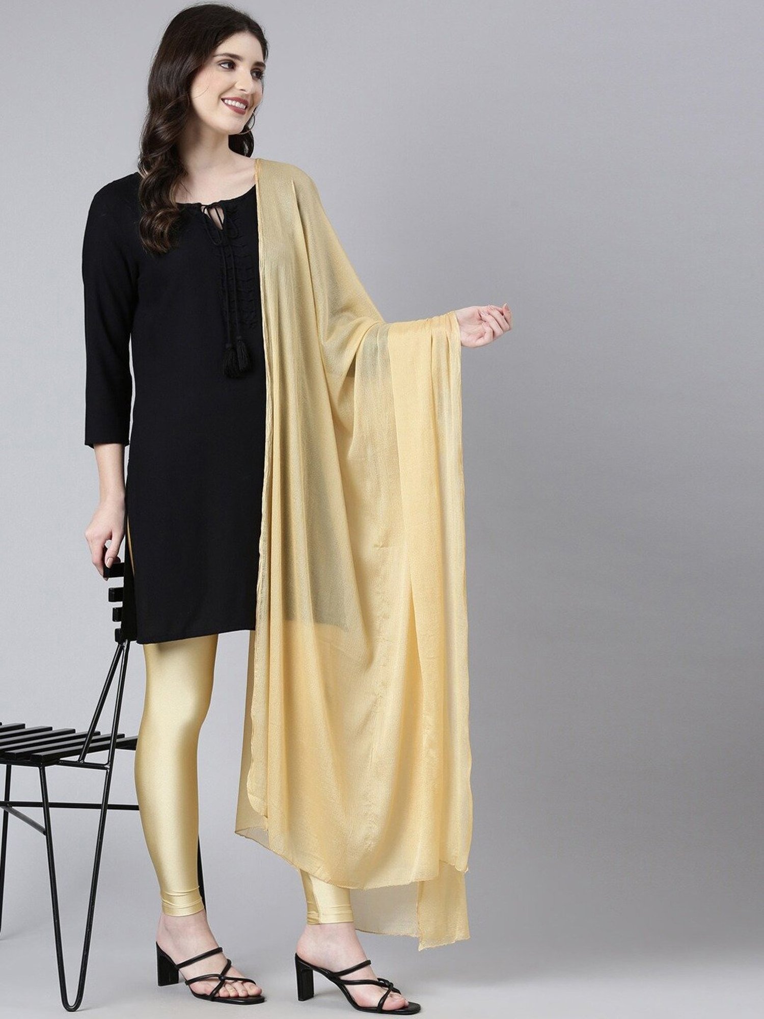 TWIN BIRDS Golden Plain Leggings With Dupatta