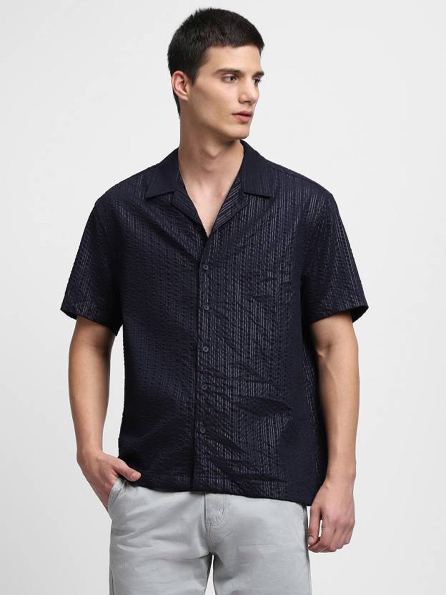 Dennis Lingo Navy Cotton Slim Fit Self Pattern Shirt
