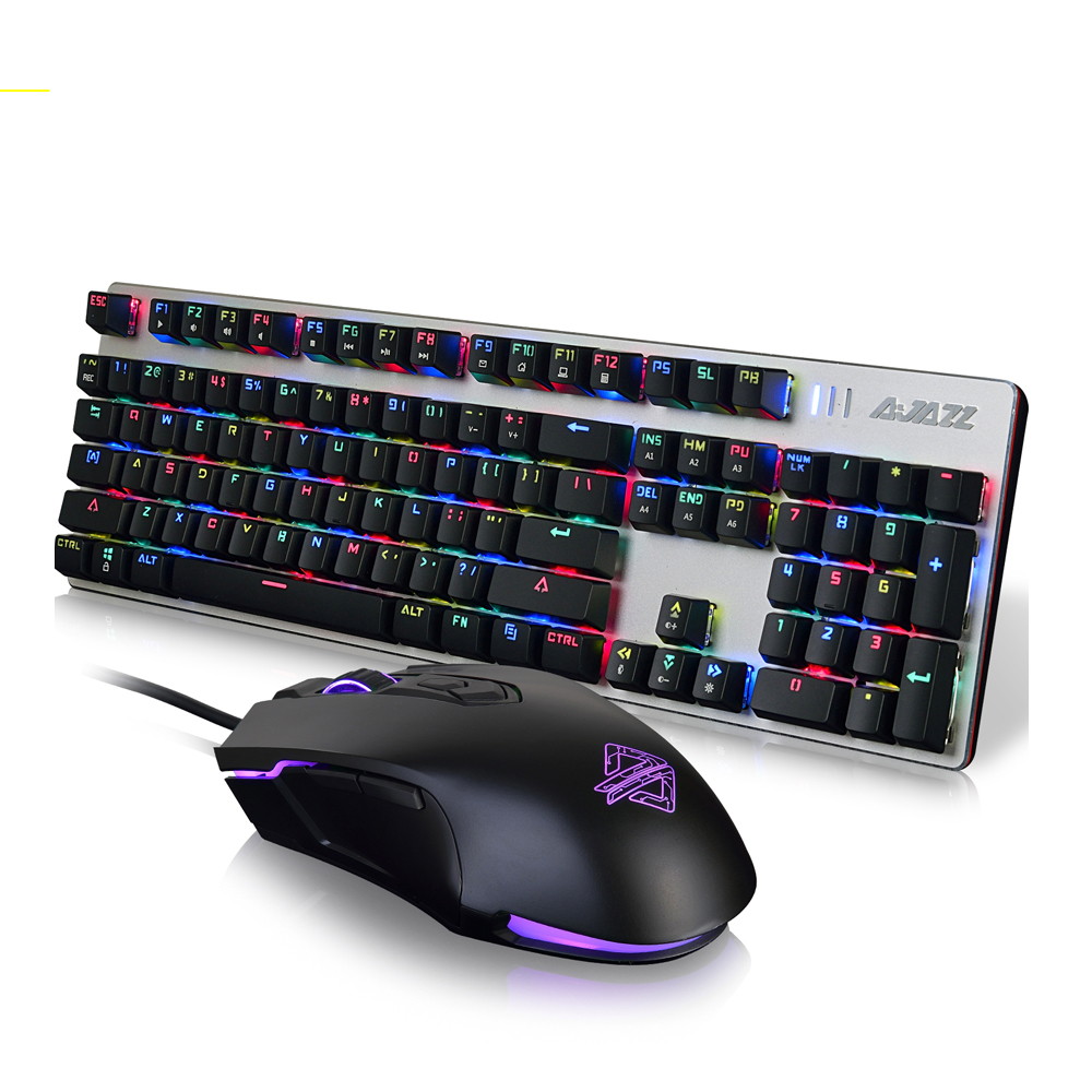 AJAZZ USB Mechanical Keyboard 104Keys RGB Lights Gaming Wired 2400DPI 7 Buttons Mouse for PC Notebook Laptop Desktop Overwatch