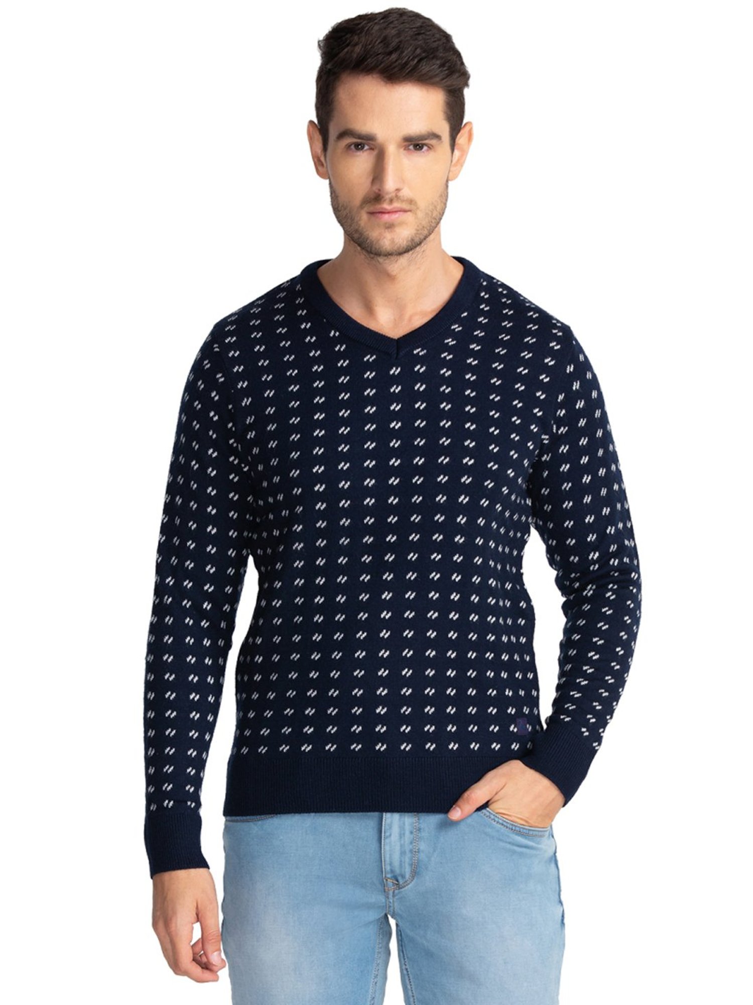 Parx Blue Regular Fit Printed Sweaters