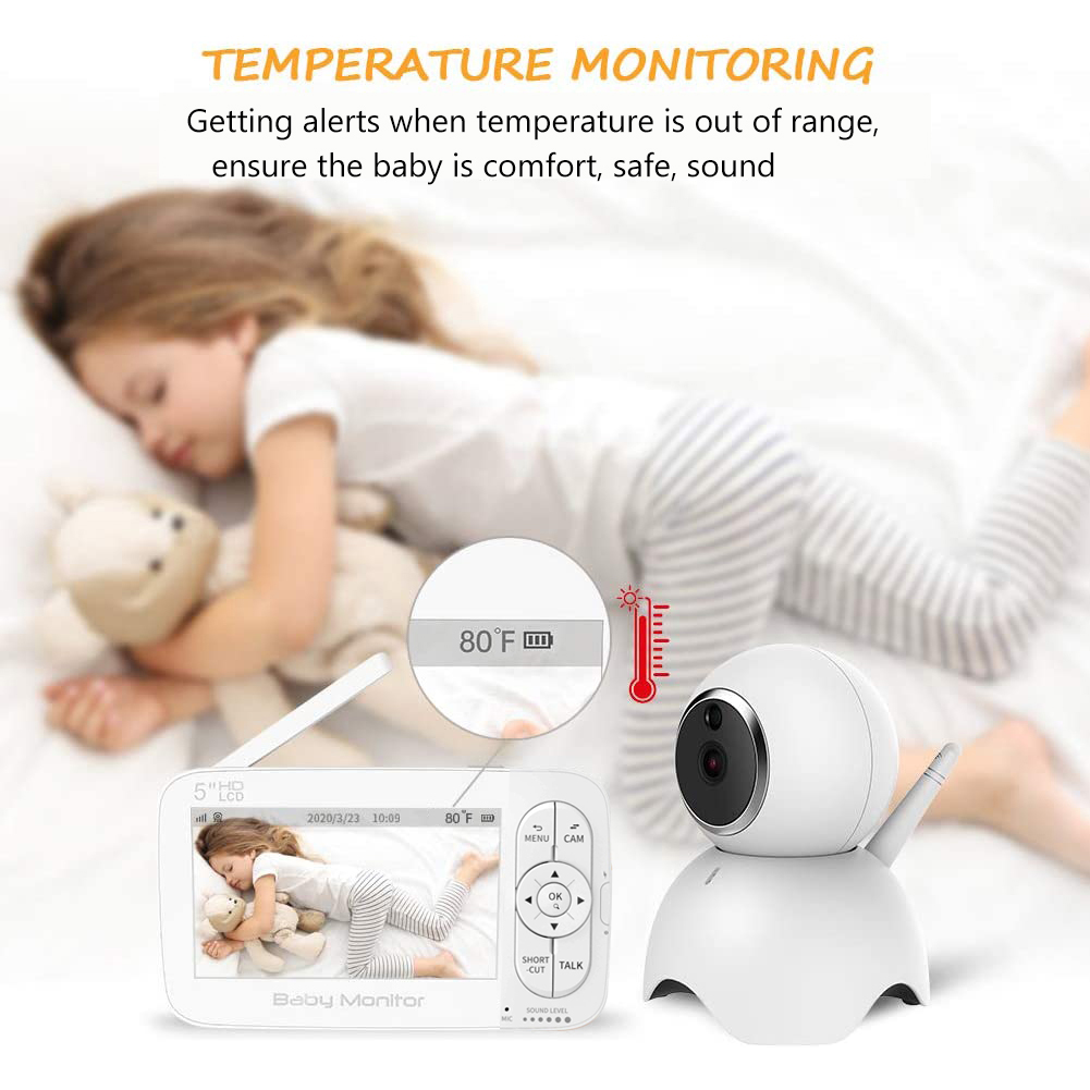 Baby Monitor, AUTENS 720P 5 Inch HD Display Video Baby Monitor with Camera and Two Way Audio, Auto Night Vision, Remote Pan/Tilt/Zoom, 5 Lullaby Music,Temperature & Sound Alarm, For Baby/Elder/Pet