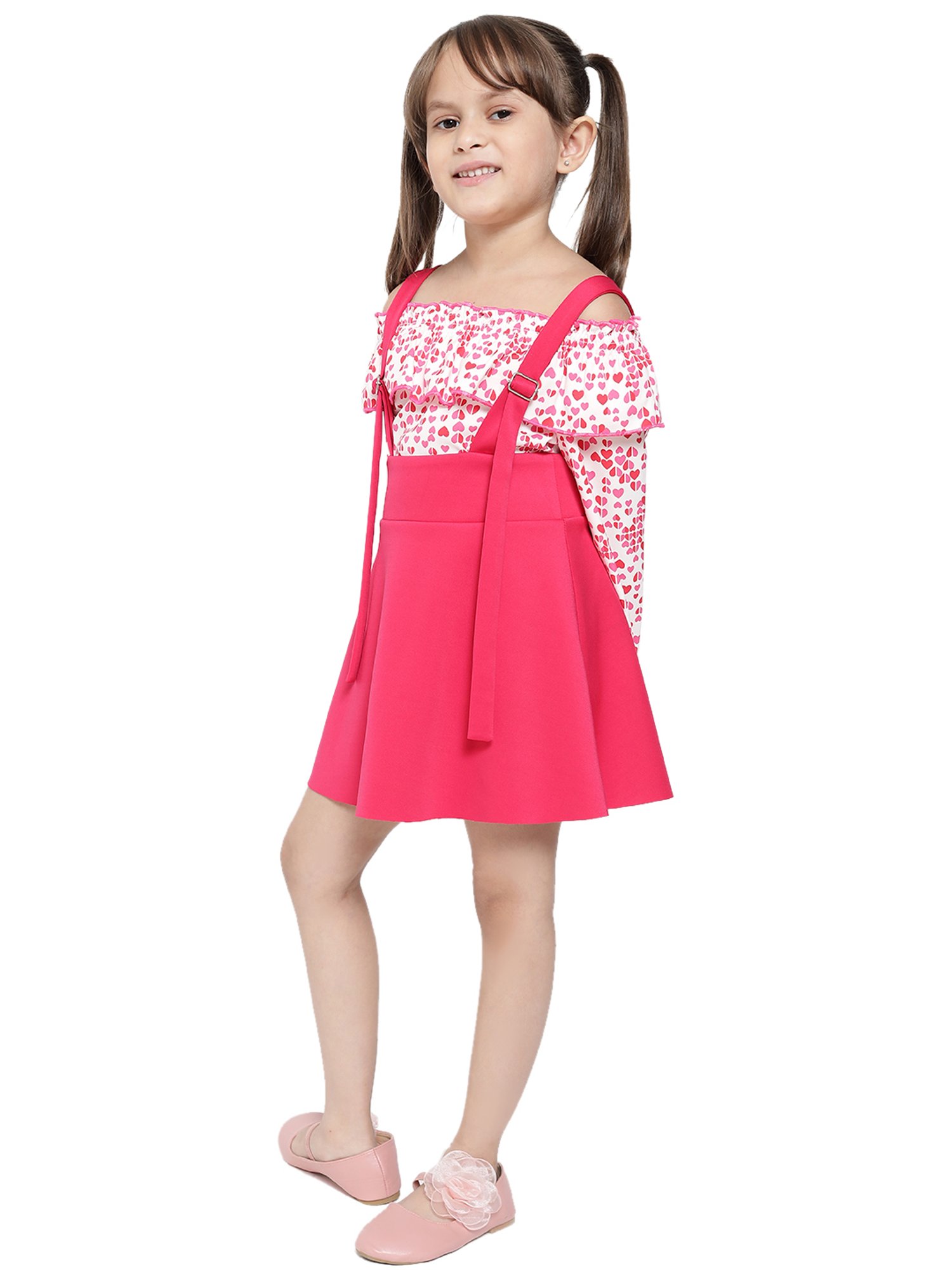 Nauti Nati Kids Pink & White Printed Top With Dungaree
