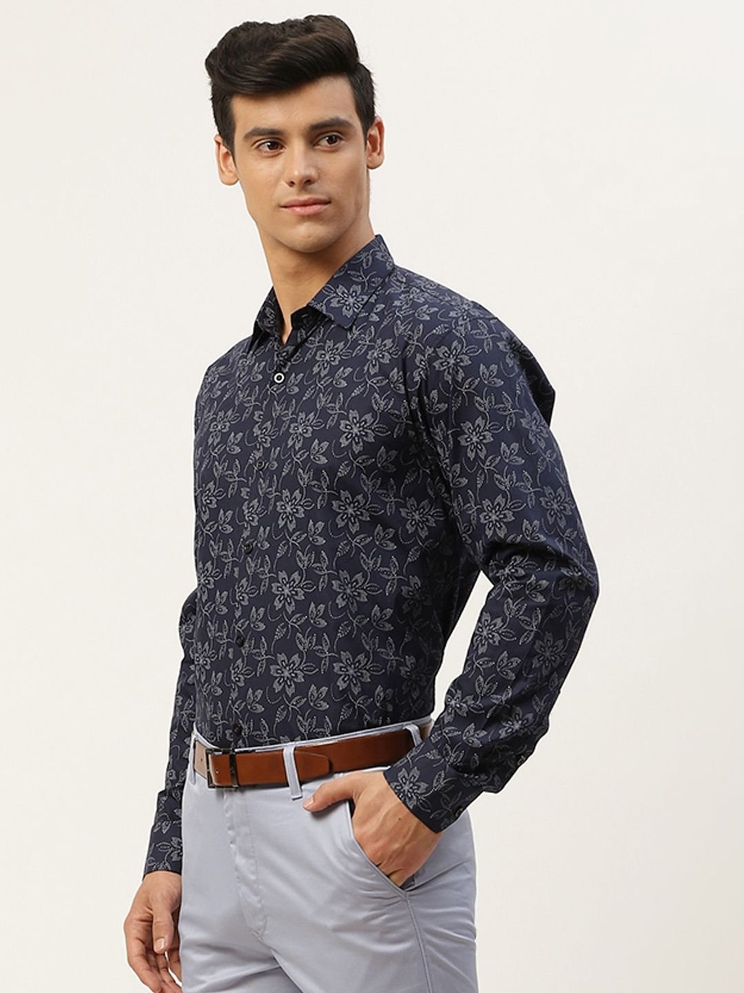 Sojanya Navy Cotton Regular Fit Floral Print Shirt