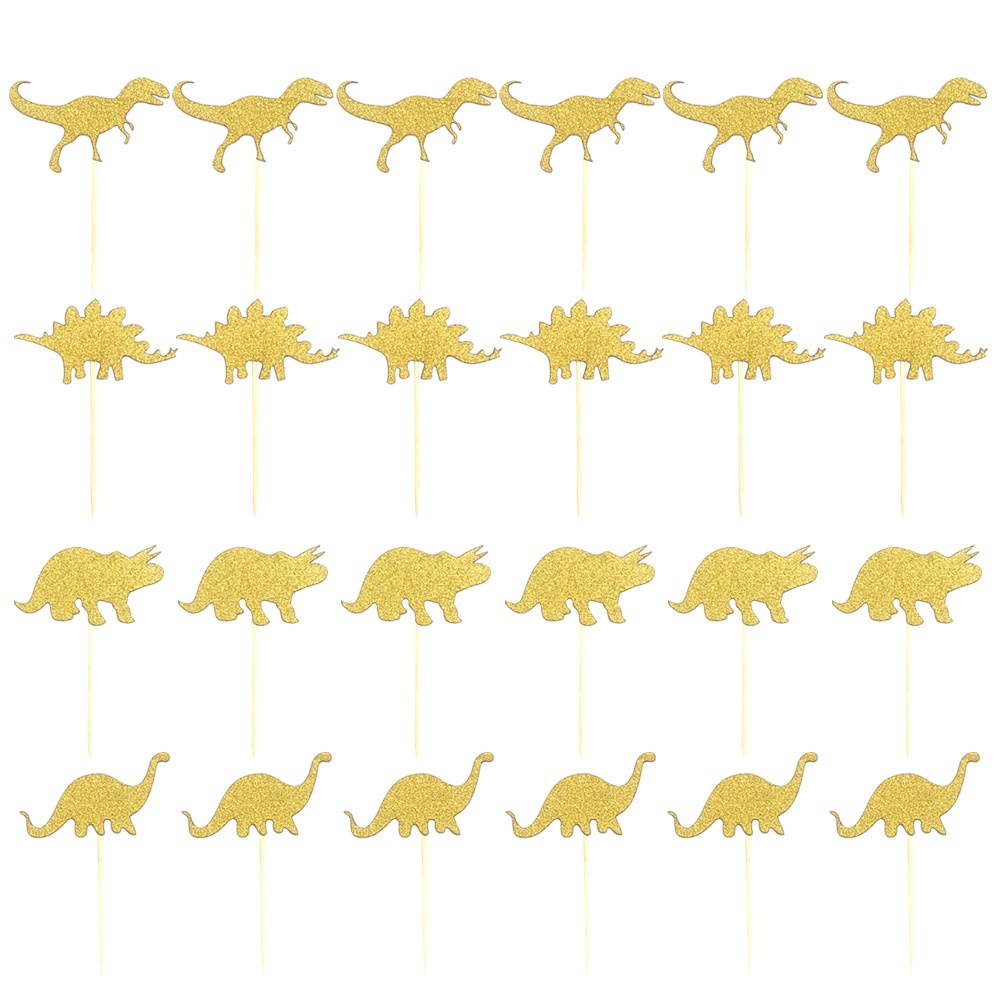 24PCS Golden Dinosaur Cake Toppers Decorative Glittering Animal Cupcake Muffin Food Fruit Picks Party Favors Supplies