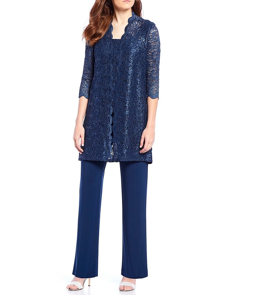 R & M Richards 3-Piece Sequin Glitter Scallop Lace Duster Pant Set