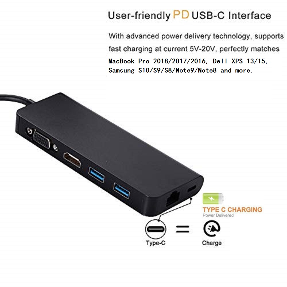 6-in-1 Type-C Dongle with 4K HDMI 1080p VGA Gigabit LAN 60W PD 2 x USB3.0 Adapter USB-C HD Video Converter  6in1 USB-C to HDMI VGA RJ45 PD USB HUB.