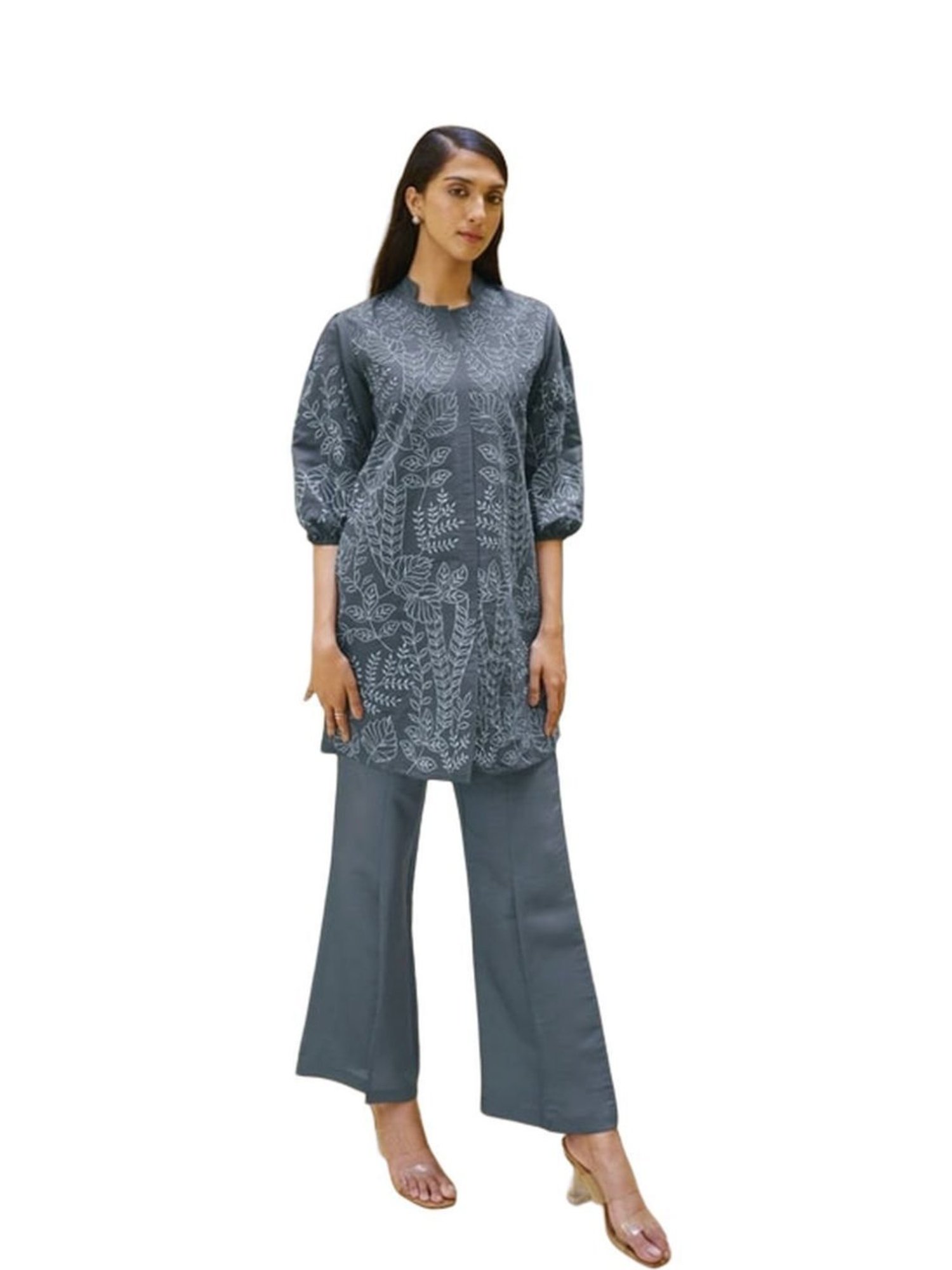 Autumnlane Grey Ashima Cloud Full Work Tunic With Pant Co-ord Set