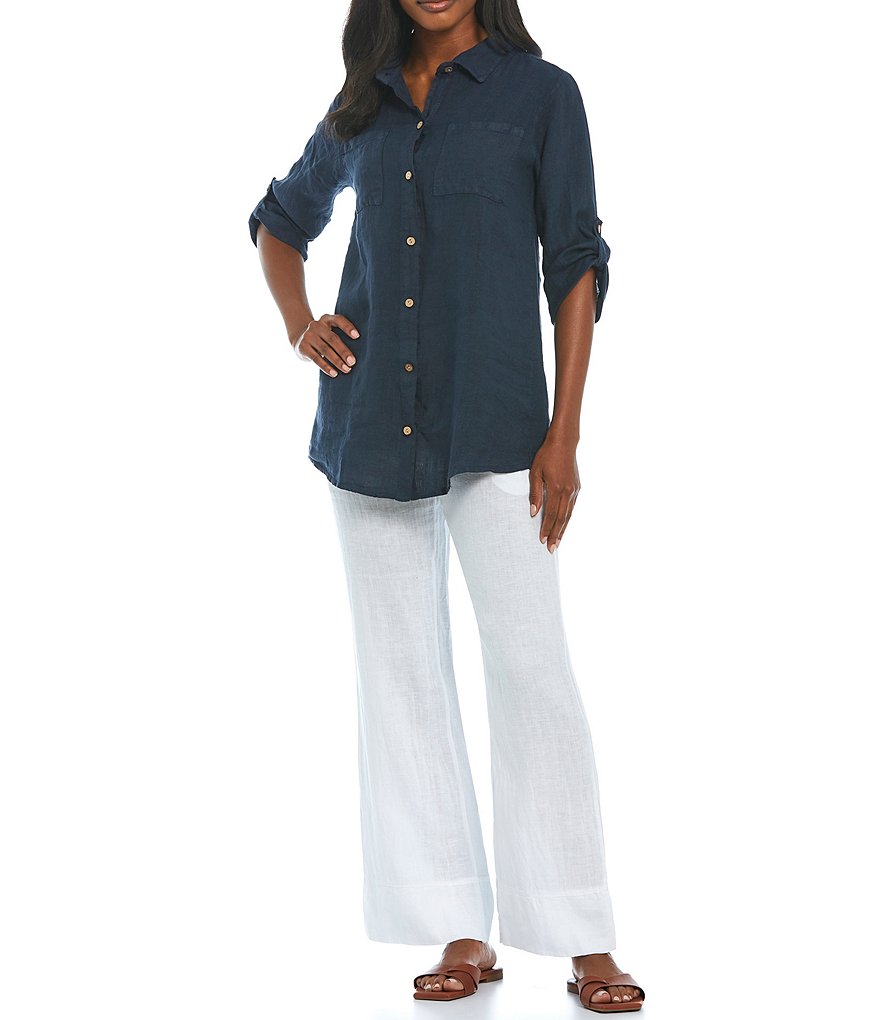 M Made In Italy Roll Tab Linen Button Front Blouse