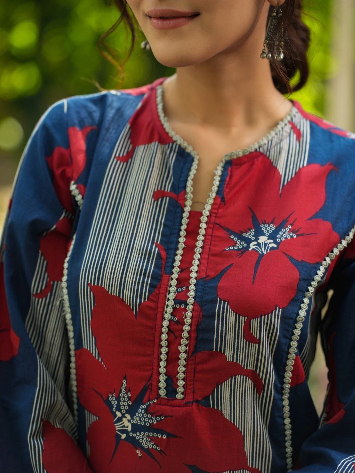 Rain and Rainbow Blue & Red Cotton Floral Print A Line Kurta