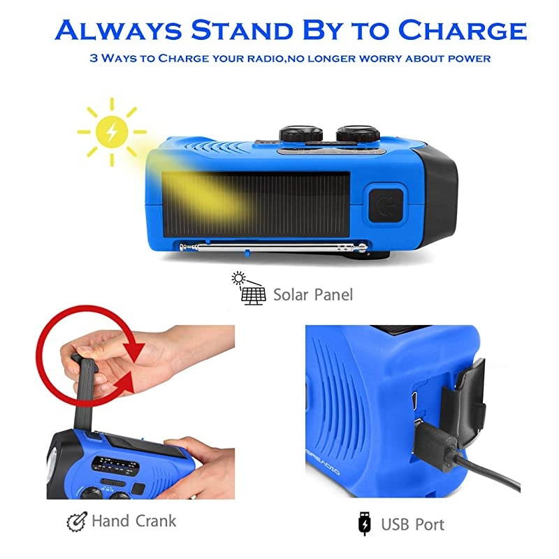 Weather Solar AMFMNOAA Crank Radio with Bright Flashlight SOS Alarm and 2000mAh Power Bank for and Outdoor Activies Blue