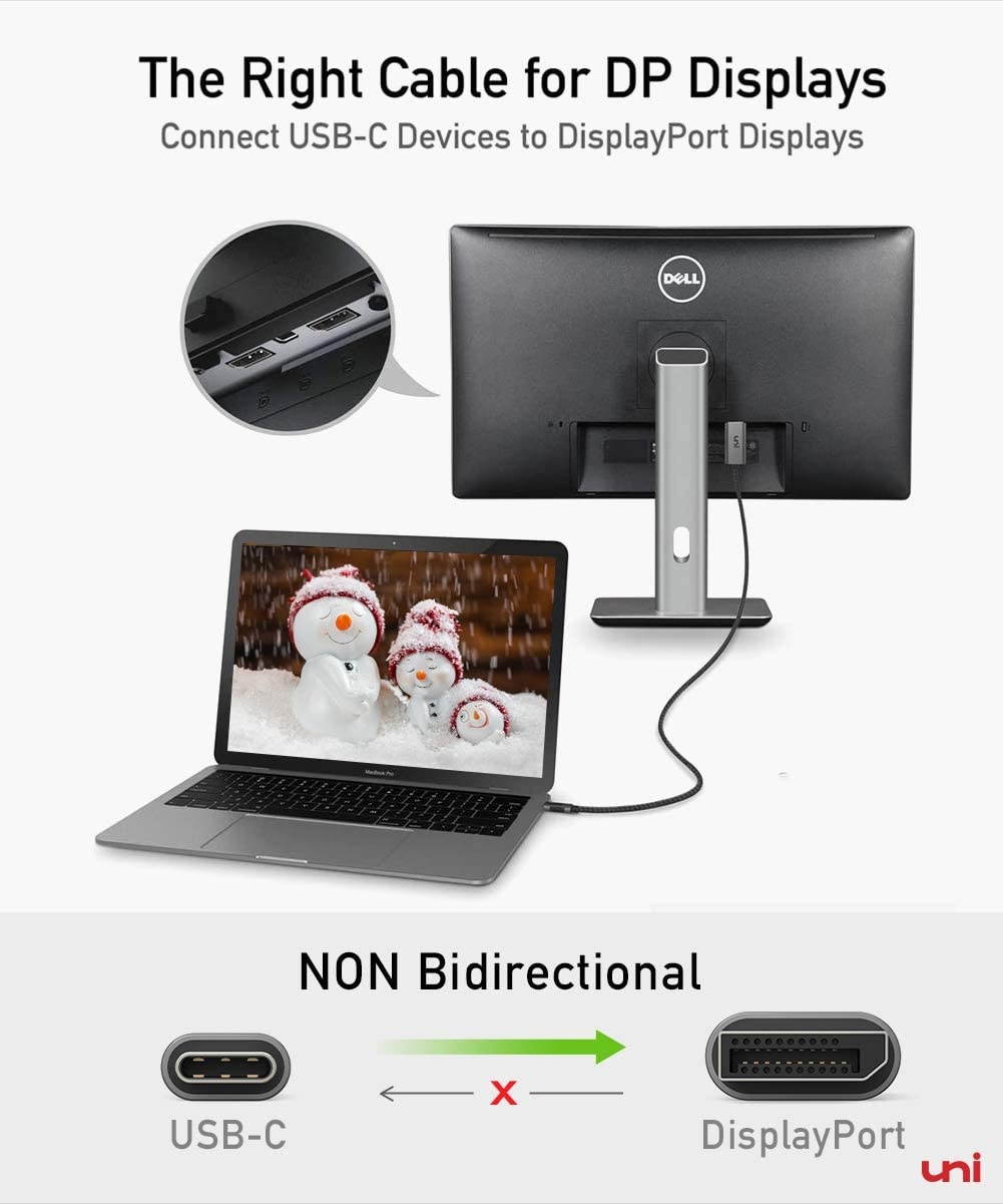 USB C to DisplayPort Cable for Home Office (4K@60Hz 2K@165Hz) uni Sturdy Aluminum DisplayPort to USB C Cable [Thunderbolt 3 Compatible] for MacBook Pro MacBook Air/iPad Pro 2020/2018 XPS 15/13