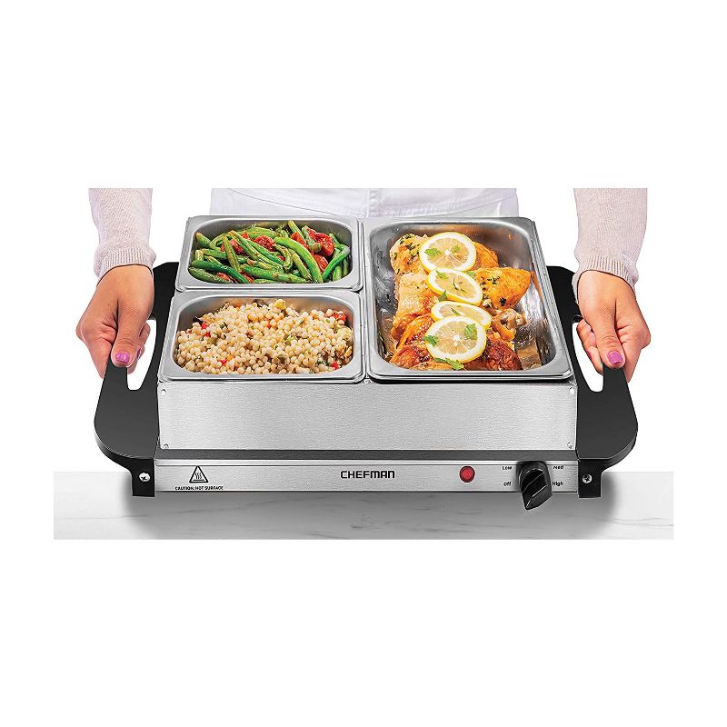 Chefman RJ22-SS-B 3 Pan Electric Surface Buffet Server Plus 14 by 14 Inch Warming Tray with Adjustable Temperature Controls, Stainless Steel