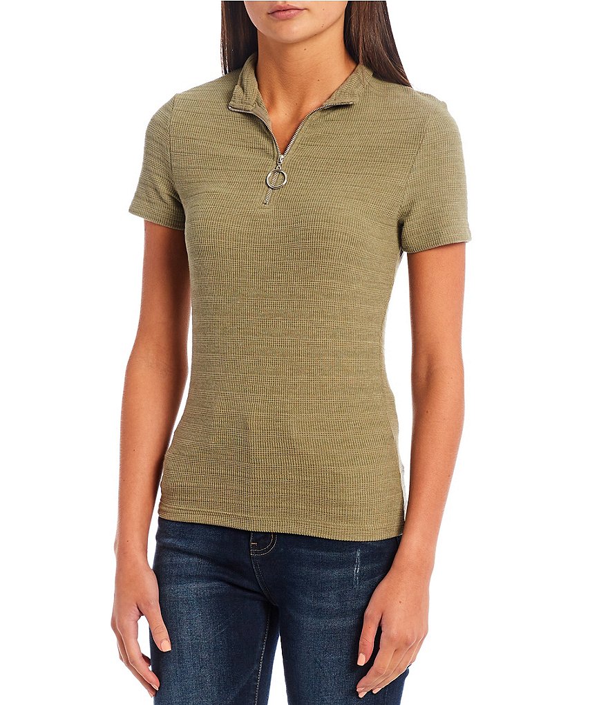Good Luck Gem Short-Sleeve Mockneck Half-Zip Top