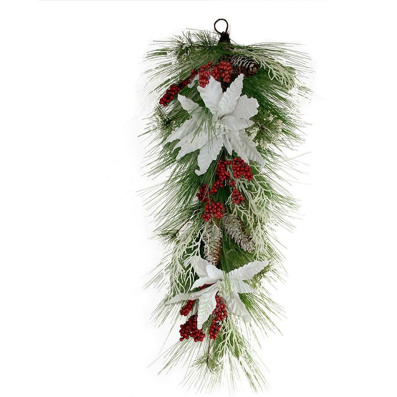 Northlight 32" Unlit Mixed Long Needle Pine with Berries and Poinsettia's Artificial Christmas Teardrop Swag