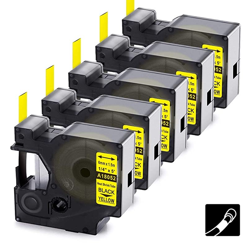 Compatible Label Tape Replacement for DYMO Heat Shrink Labels 18052 Black on Yellow Industrial Tapes Work with DYMO Label Maker Rhino 5200 4200 6000 and More, 6mm x 1.5m, 5 Pack