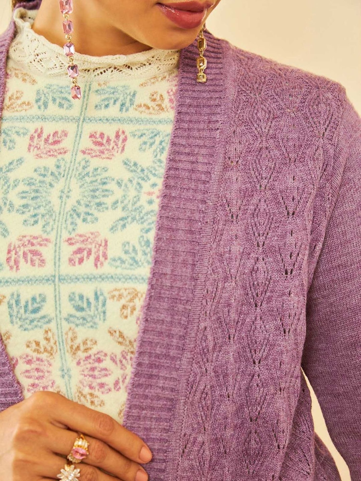 Soch Purple Acrylic Chevron Pattern Knitted Open-Front Longline Shrug