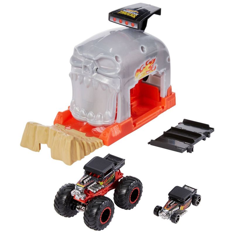 Hot Wheels Monster Truck Pit & Launch Play Set - Monster Truck & 1:64 Scale Car - Team Bone Shaker