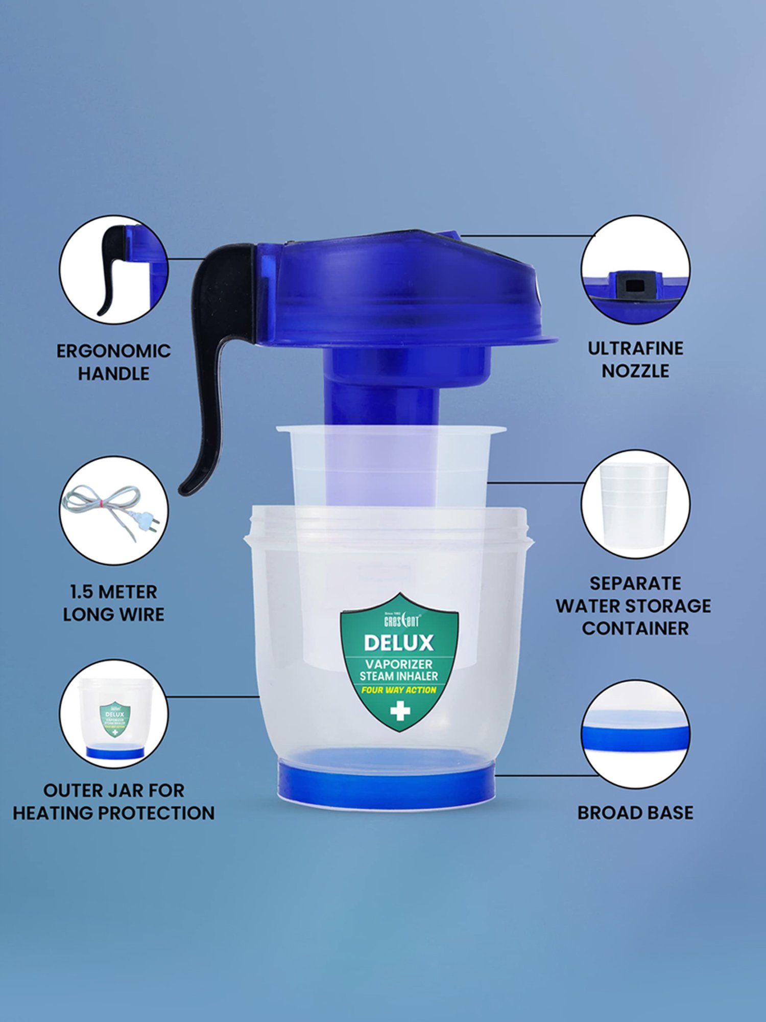 Crescent Delux Facial Steamer Vaporizer for Cold & Cough, Separate Water Storage Container (Blue)