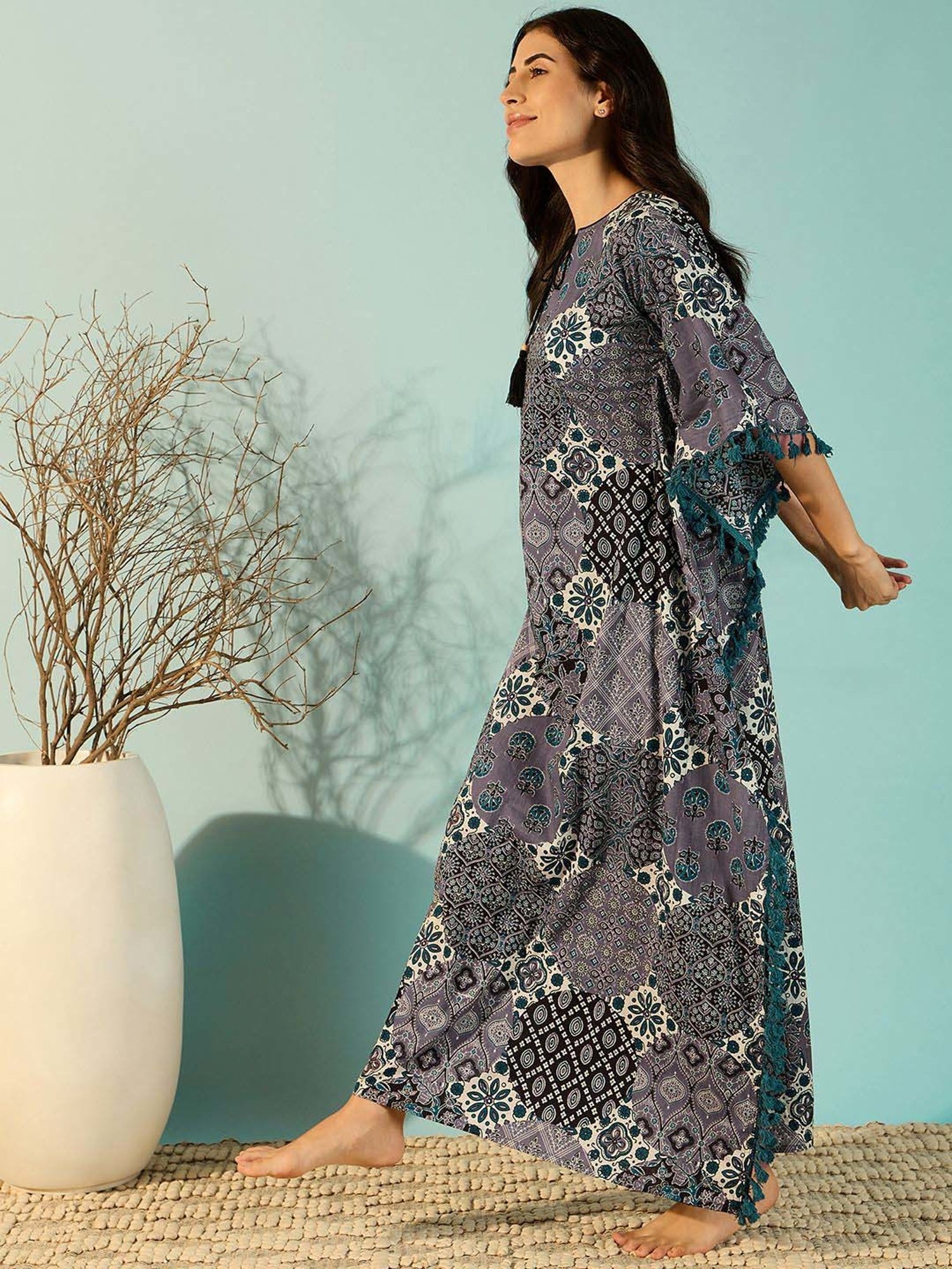 The Kaftan Company Purple Cotton Printed Kaftan