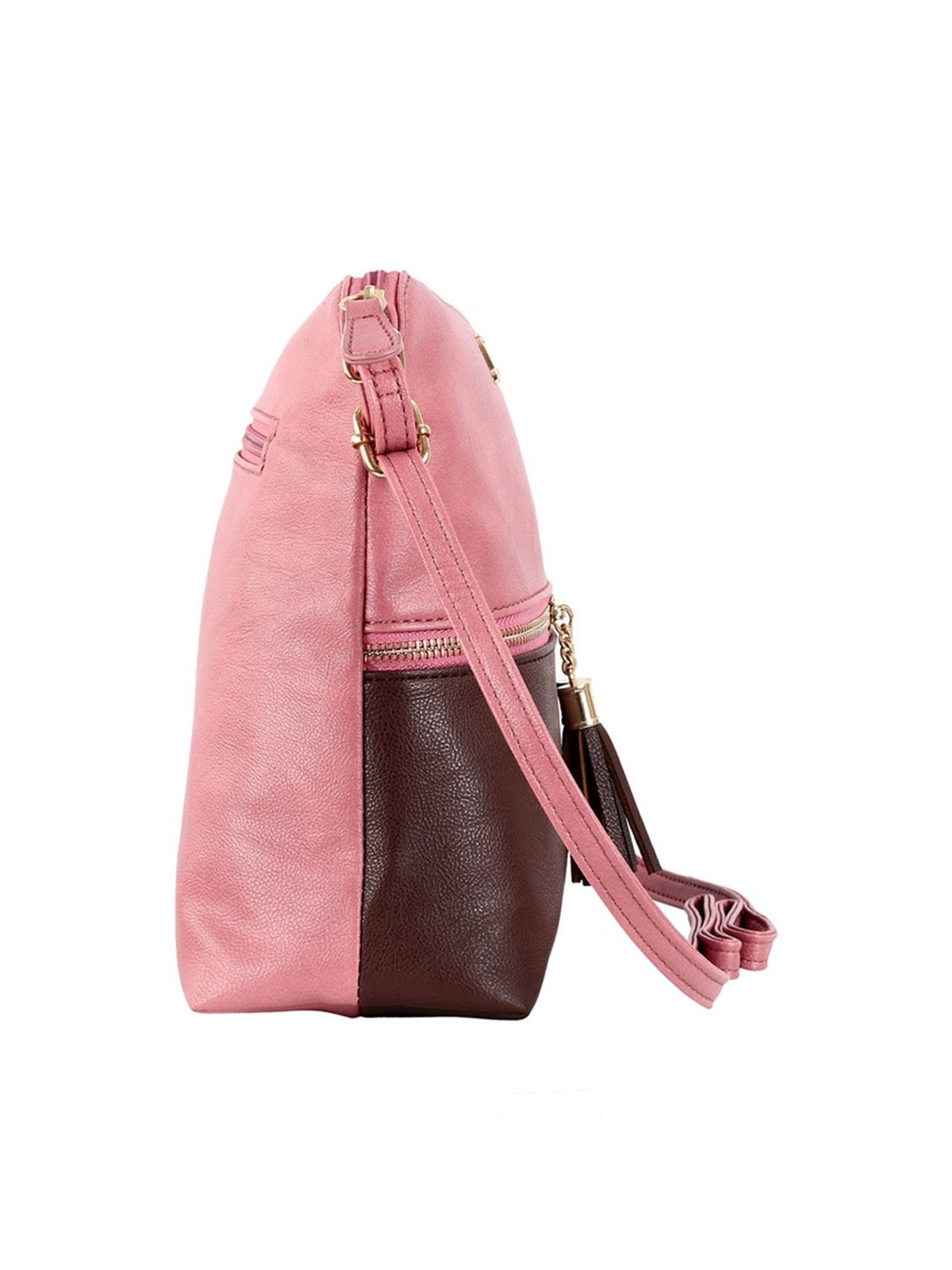 Lavie Tassel Dome Pink & Brown Polyester Color Block Sling Handbag