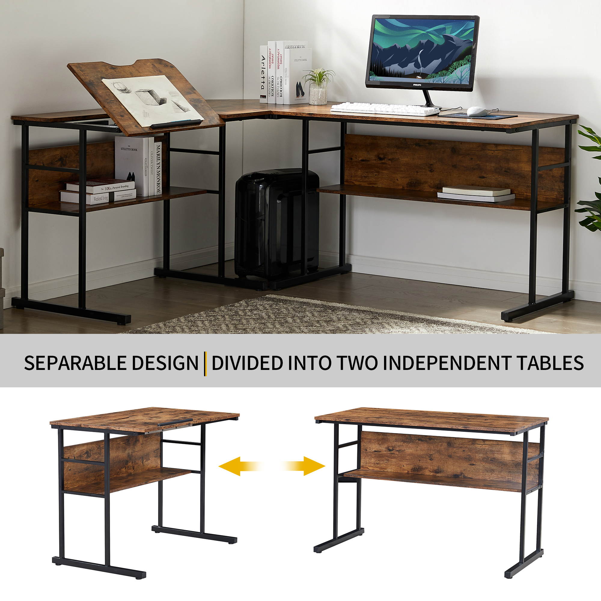 L-Shaped Corner Desk Home Office Desk With Bottom Bookshelves And CPU Stand, Multi-Function Drafting Drawing Table With Tiltable Desktop for Artist or Student Separable Design (Brown)