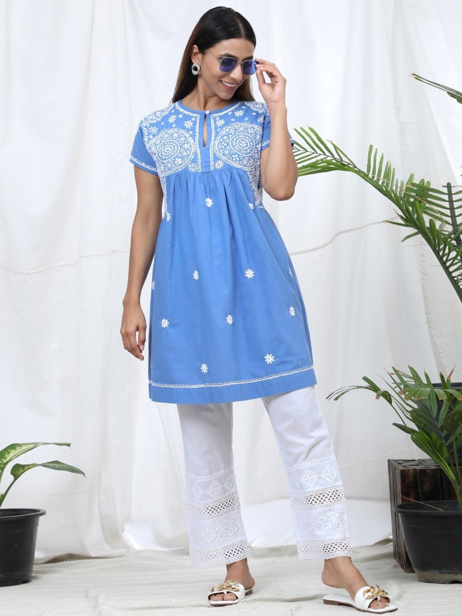 House Of Kari HOK Chikankari Tunic Women Light Blue
