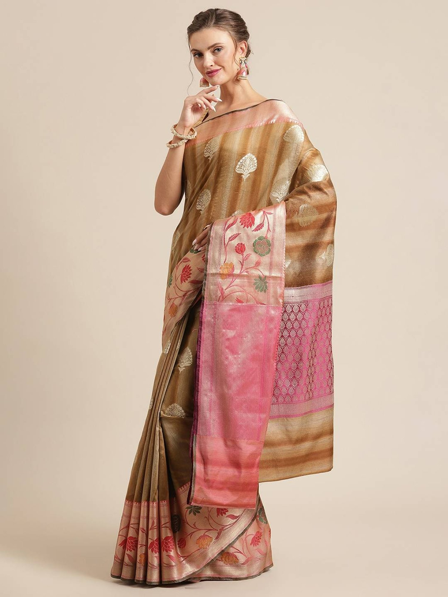 Banarasi Silk Works Brown Woven Saree with Blouse