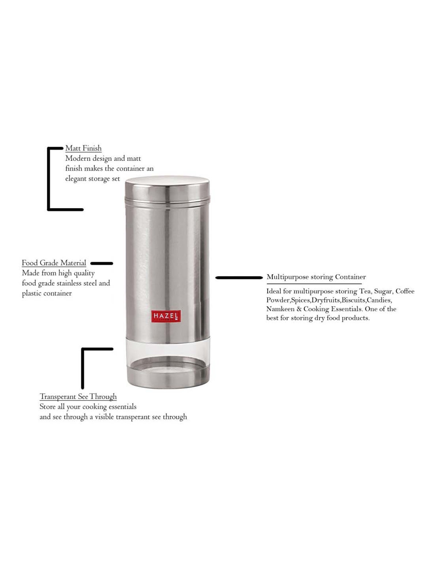 HAZEL Stainless Steel Transparent See Through Container, Silver,Set of 2, 1 Ltr