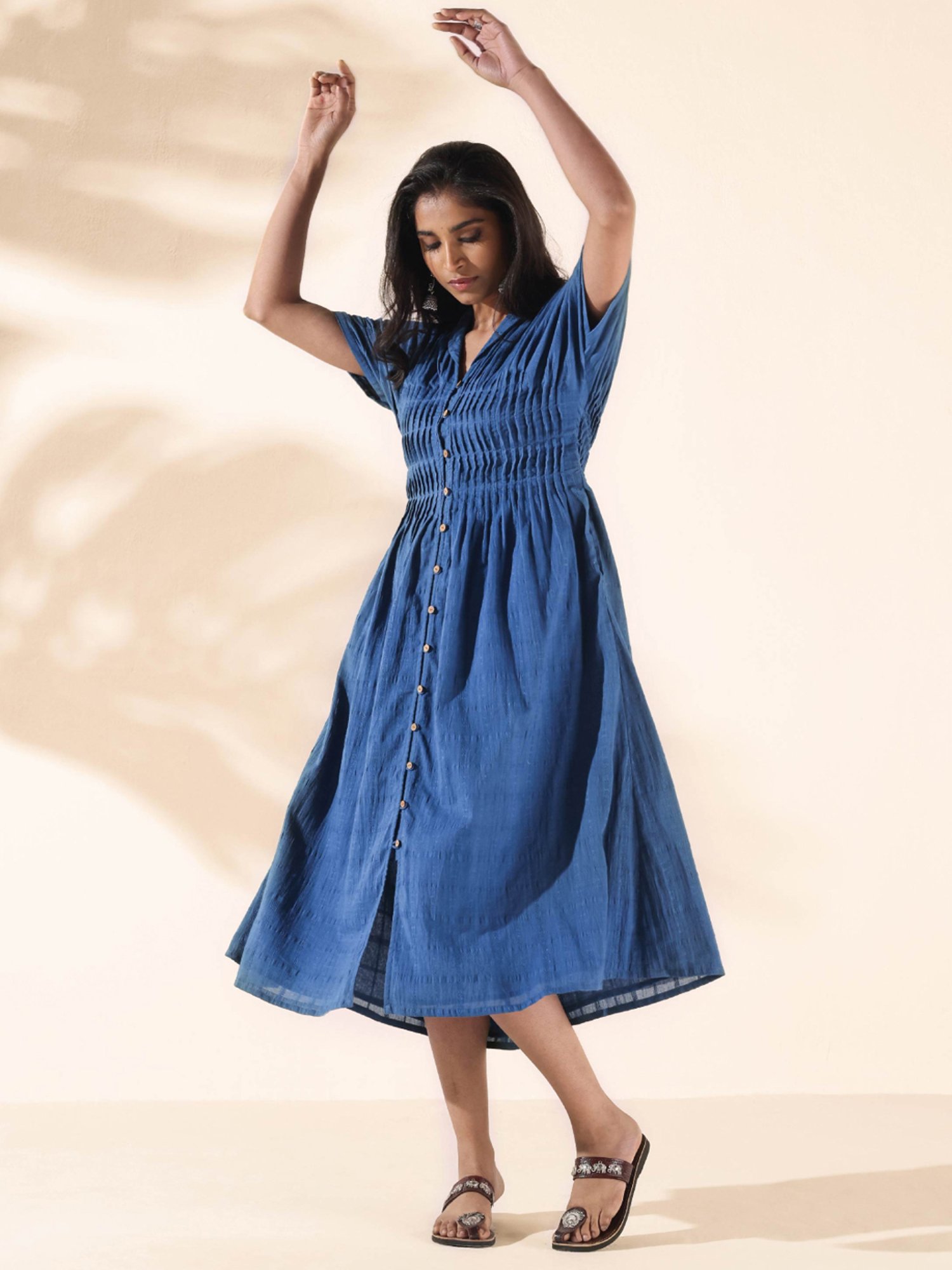 true Browns Blue Cotton Self Pattern A-Line Dress