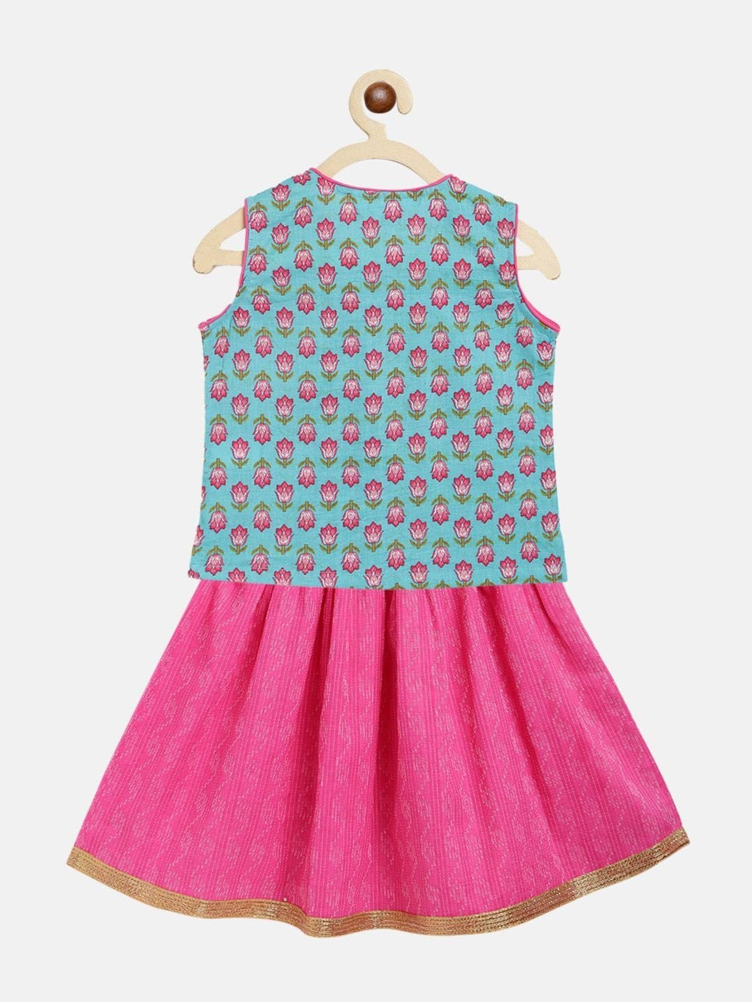 Campana Kids Turquoise & Pink Floral Print Lehenga with Choli