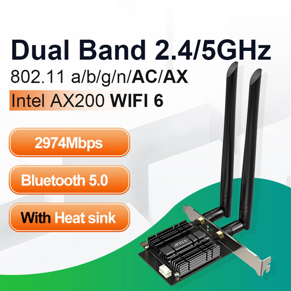 New WiFi 6 Card AX 3000Mbps PCIe Network Card AX200 802.11AX 2.4Ghz/5.8Ghz with Bluetooth 5.0 & Heat Sink Wireless PCI Express Wi-Fi Adapters Dual Band Antenna for Windows 10 64-bit